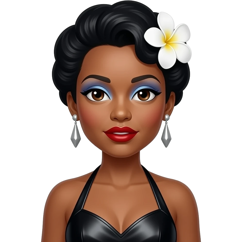 Bille Holiday with dark brown eyes, black pompadour hair with white gardenia, periwinkle eyeshadow, red lipstick, black metallic halter dress, silver earrings emoji