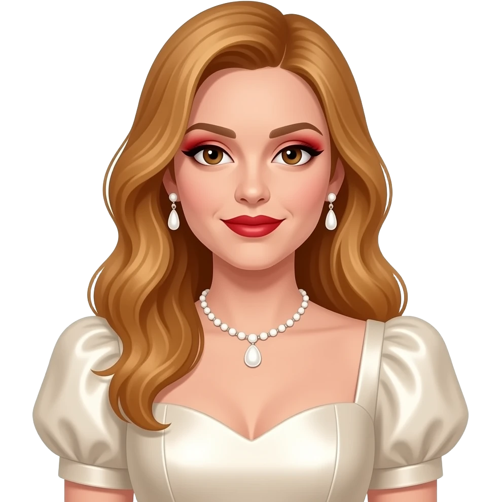 Faith Evans with brown eyes, long reddish blonde hair, red eyeshadow and lipstick, ivory metallic sweetheart sleeve dress, ivory necklace and earrings emoji