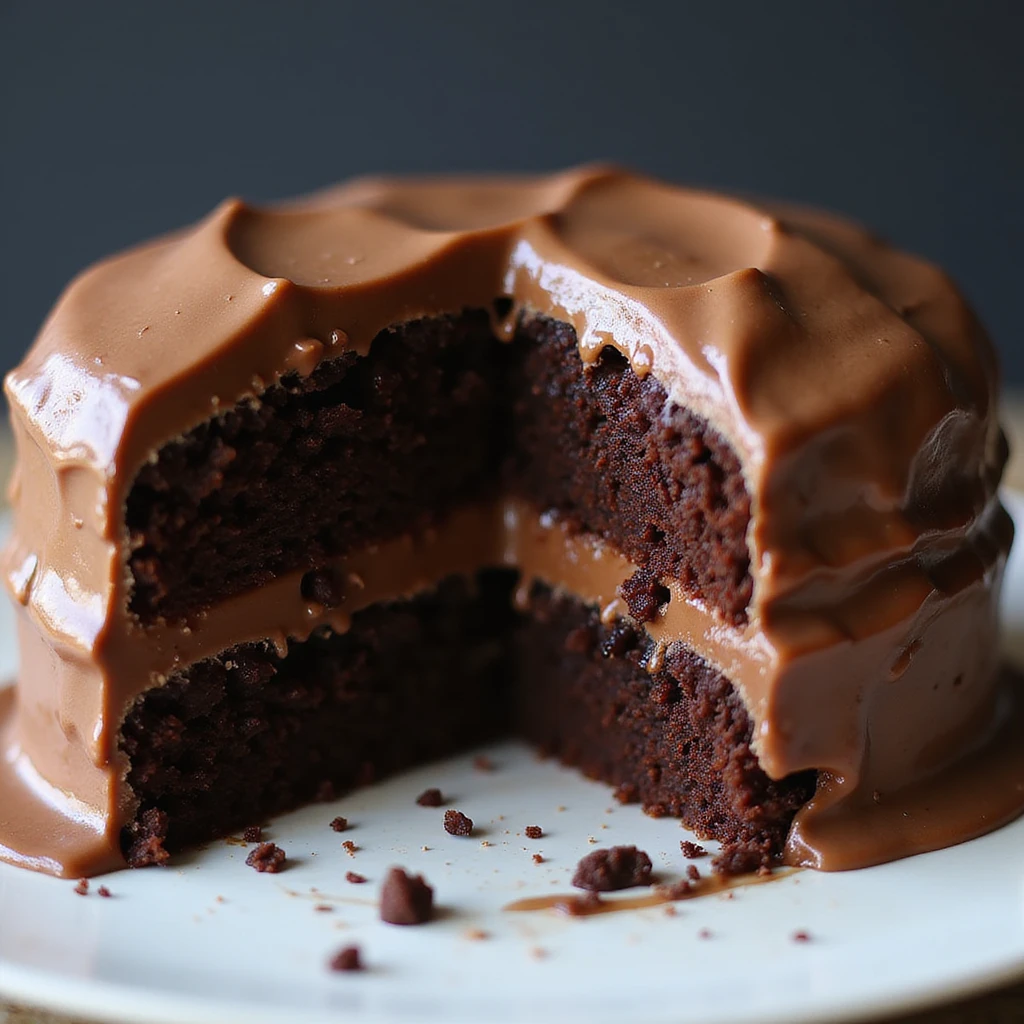a realistic double fudge chocolate cake, sliced to show moist interior, glossy fudge icing, photorealistic style, no background emoji