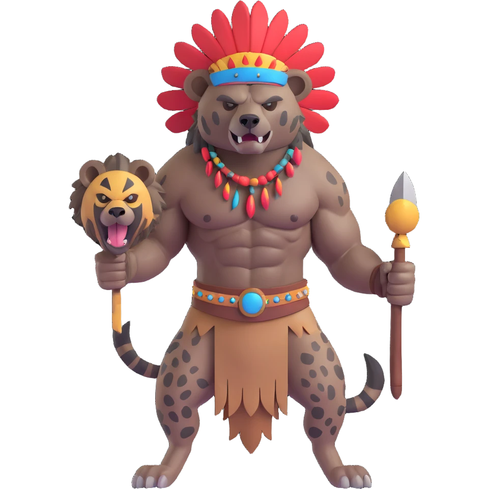 A native strong buff hyena with war bonnet flexing posing full body holding a chopped off human head by the hair  emoji