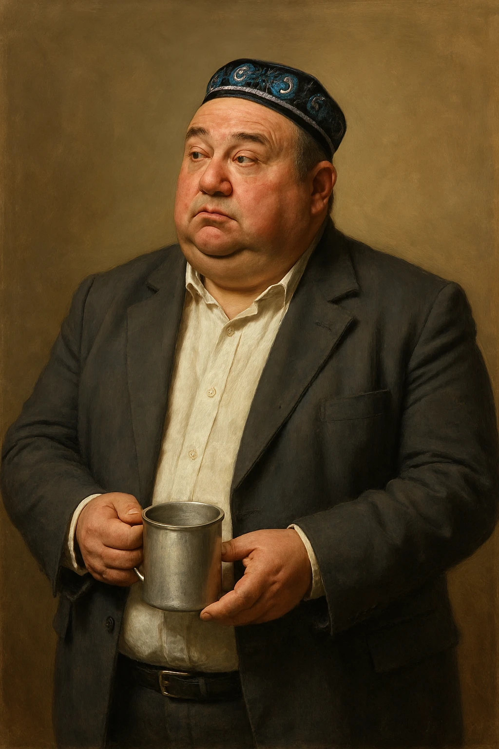 Сгенерируй мне с кружкой толстого чиновника в пиджаке и узбекской тюбитейке, он стоит как будто ждет что в кружку что то нальют, в стиле реалистичной живописи на однородном фоне. Кружка металическая советская emoji