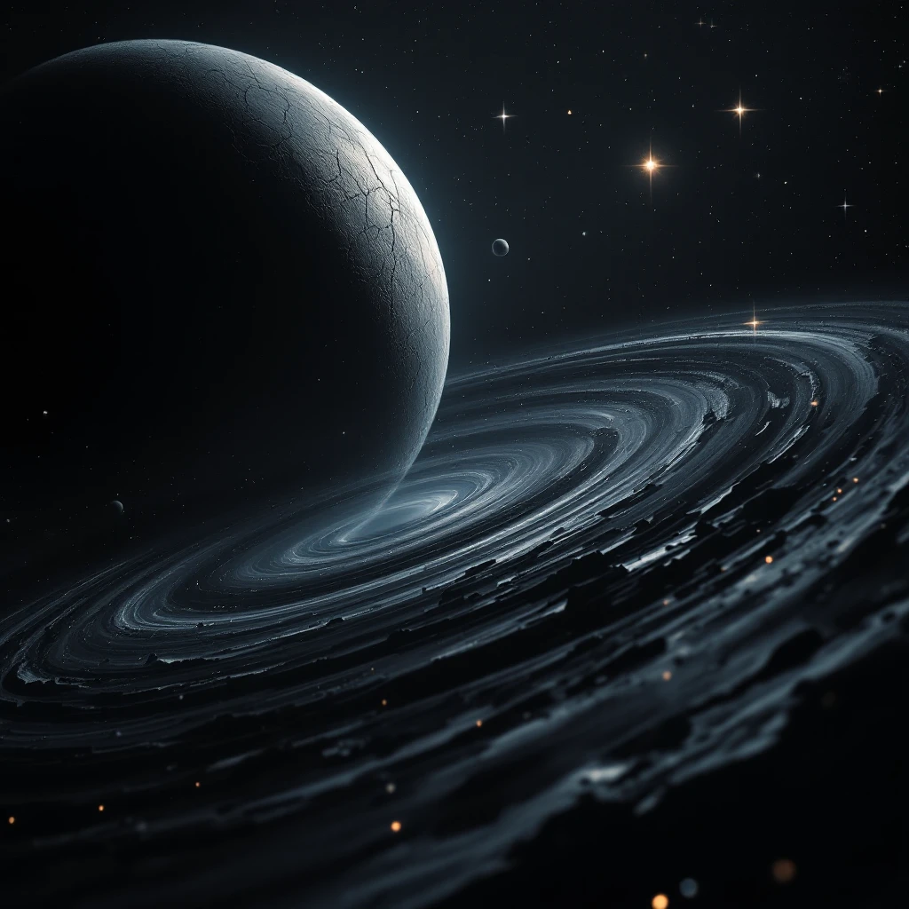 dark cosmic region orbiting black hole. No sunlight. twisted planets and moons circling in quite. Monde Noir looms in the foreground — a cracked, obsidian planet with no atmosphere. moon, Oblieth, nearby, pitted. Stars are distorted by gravitational lensing. emoji