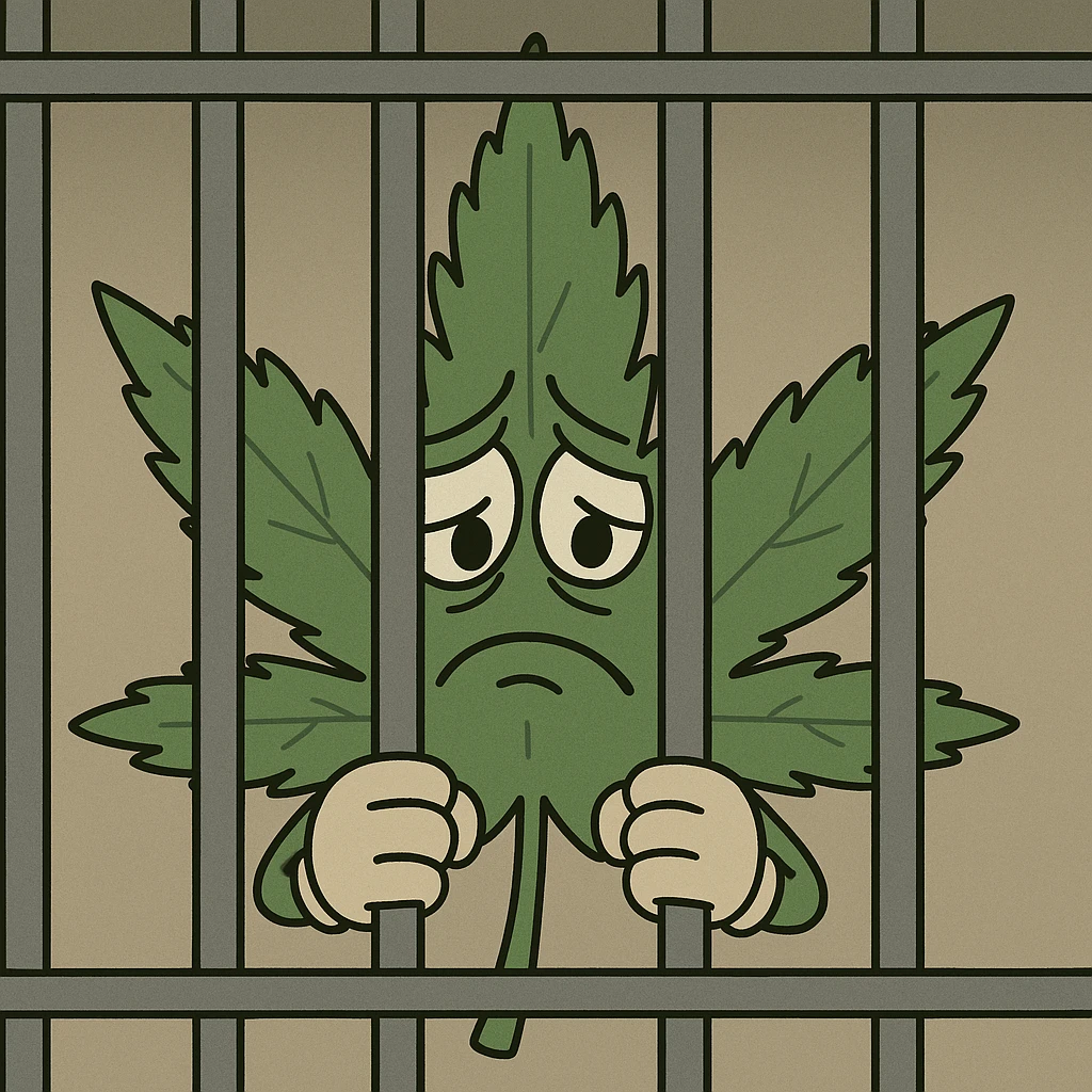 a cannabis leaf behind jail bars, looking sad, clear and expressive style, simple illustration, somber mood emoji