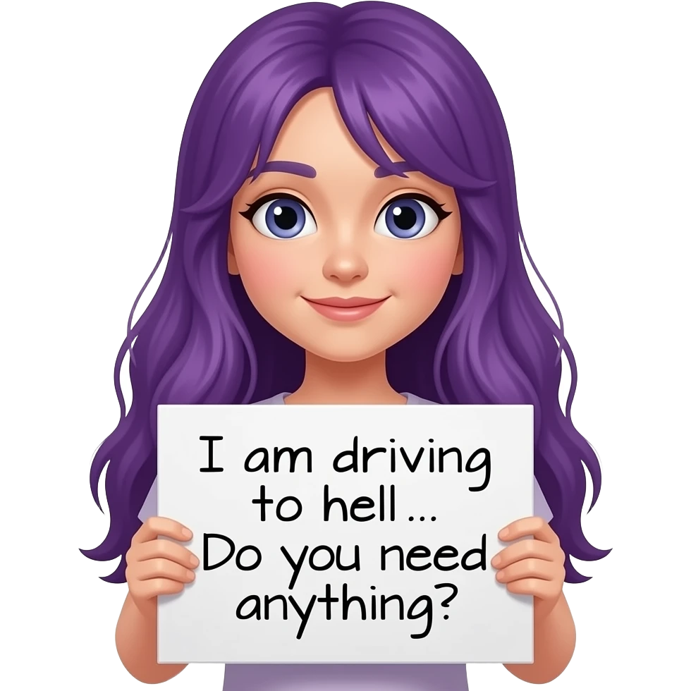 girl with long purple hair holding a ICH FAHR ZUR HÖLLE... braucht ihr irgendwas? sign emoji