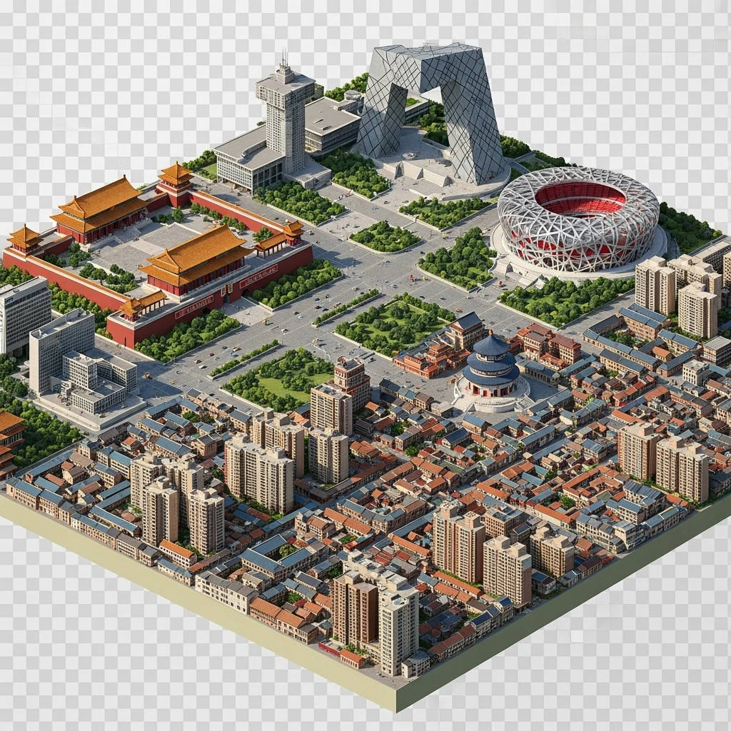 Isometric miniature of Beijing Forbidden City, Tiananmen Square, CCTV Headquarters, Temple of Heaven, Bird’s Nest Stadium and crowded hutong alleys, sprawling apartment blocks, 3D miniature effect and Tilt Shift effect, no cartoonish look, transparent background. emoji