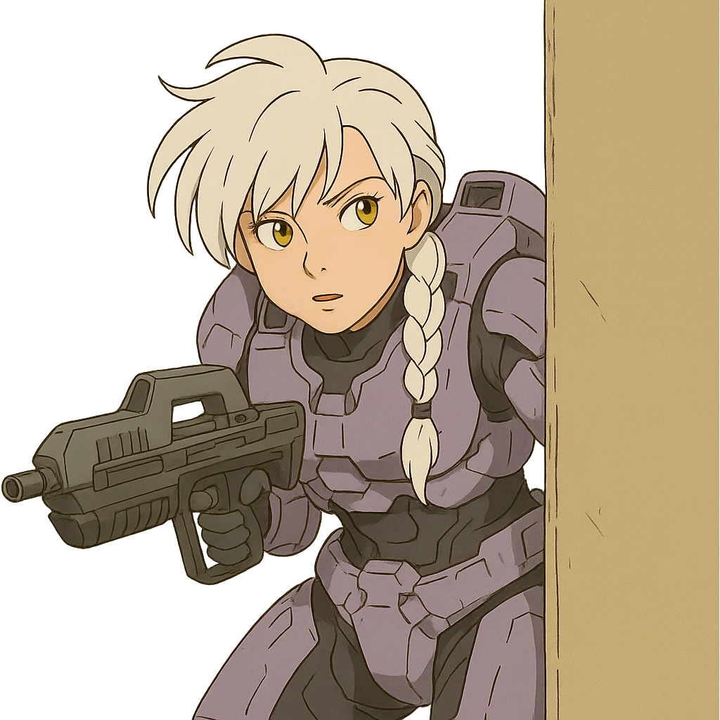 female, wearing reach spartan armor default, long white braid hair with massive messy front side single bangs, gold yellow eyes, attention pose, HALO:series, no helmet, the armor is lavender color scheme, shoulder pad off. DDD bust size fitting. Punk gothic cyberpunk, peeking around a corner while aiming a classic HALO1 AR emoji