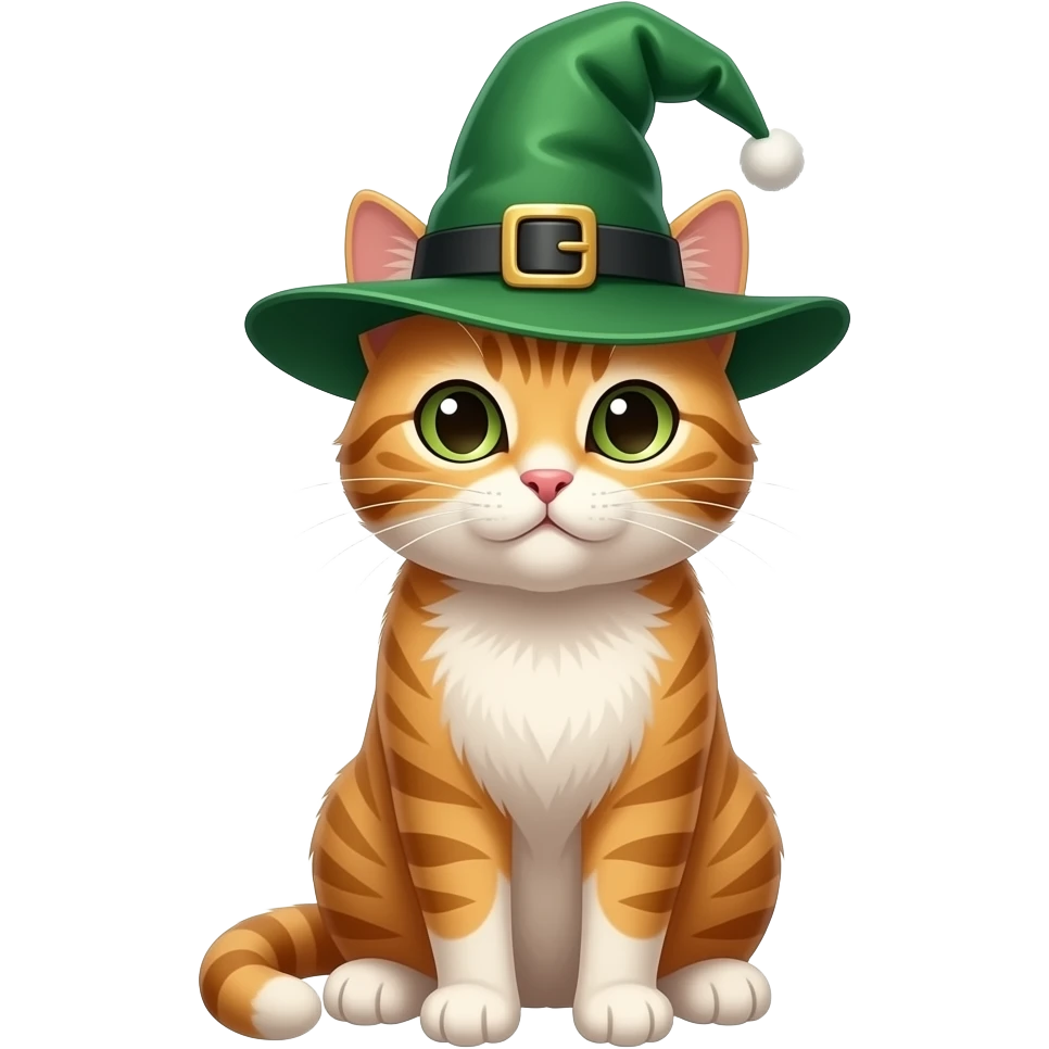 cat sitting pose front view wear green magician hat emoji