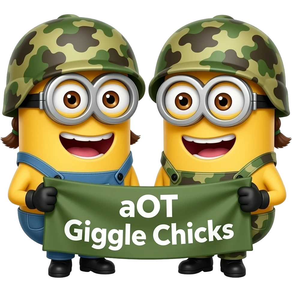 2 girl minions giggleing wearing army fatigues holding a banner text aOT Giggle Chicks emoji