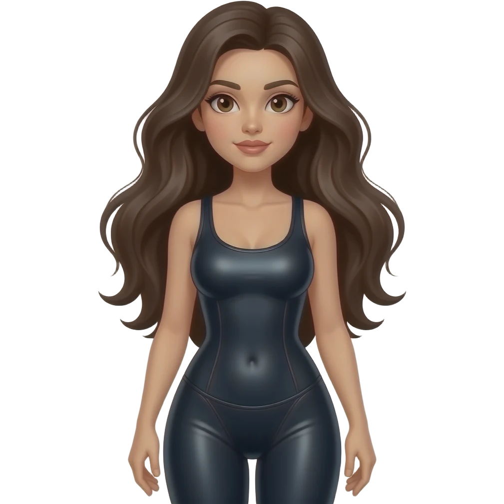 Full body female, brunette, long hair, brown eyes spandex emoji