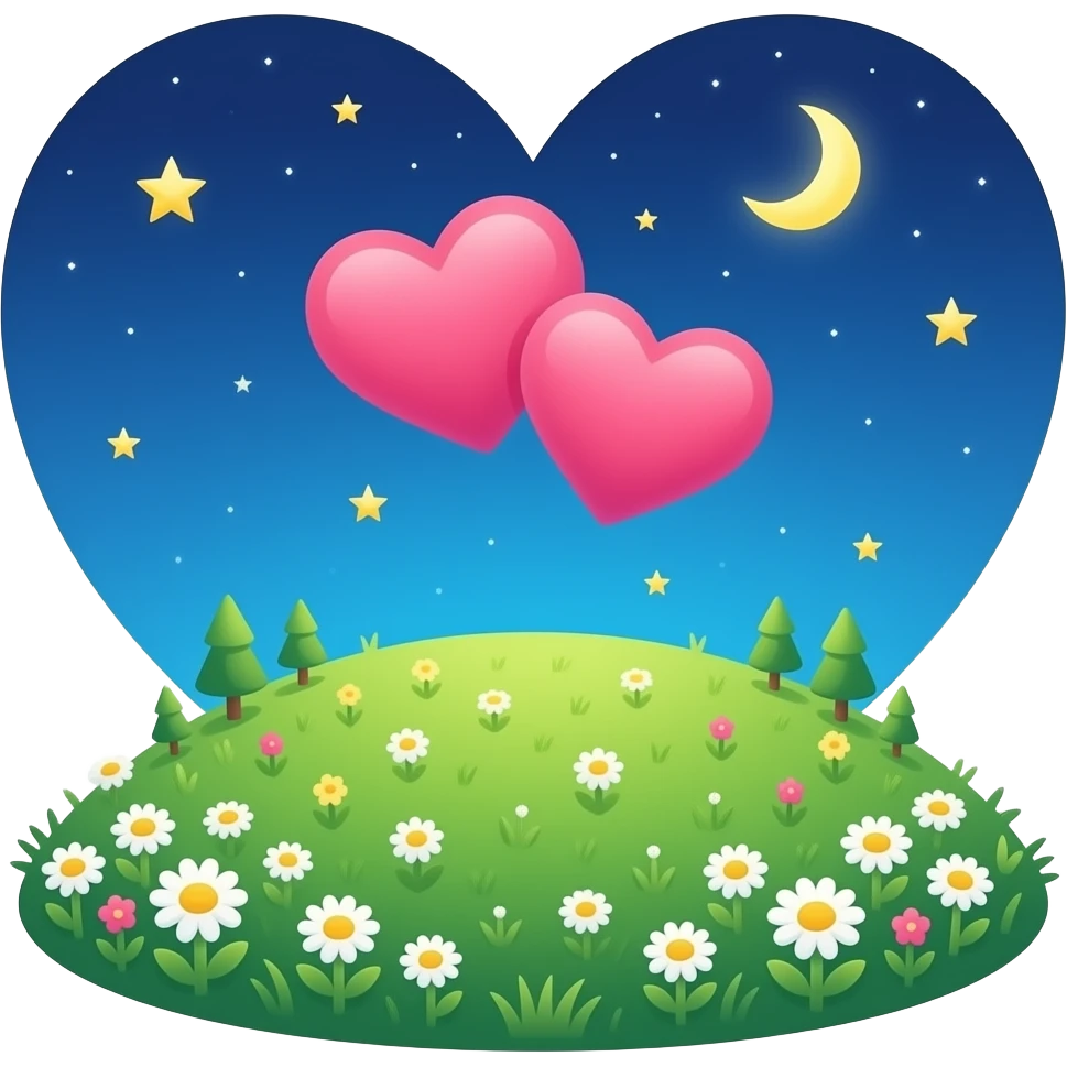 Summer hill top view with starry night and 2 hearts at the top.  emoji