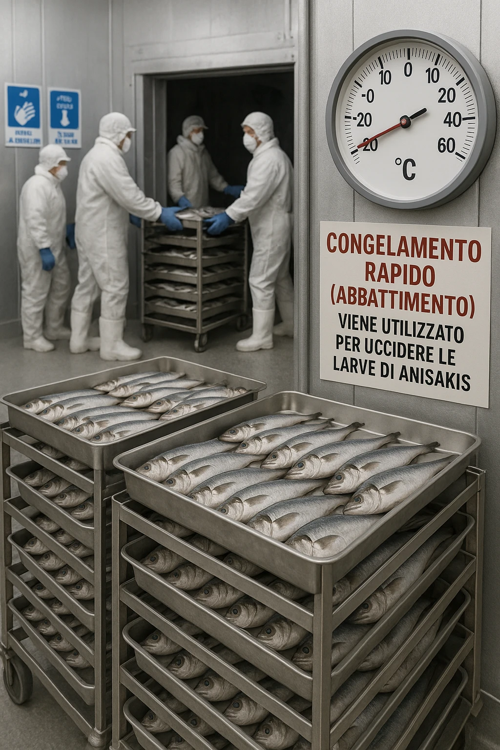 a fish processing facility where freshly caught fish are placed on trays and moved into a large industrial freezer. A temperature gauge shows -20°C, and an educational label explains that rapid freezing (abbattimento) is used to kill Anisakis larvae. The background includes workers in protective clothing and clear signage about food safety. in italiano emoji