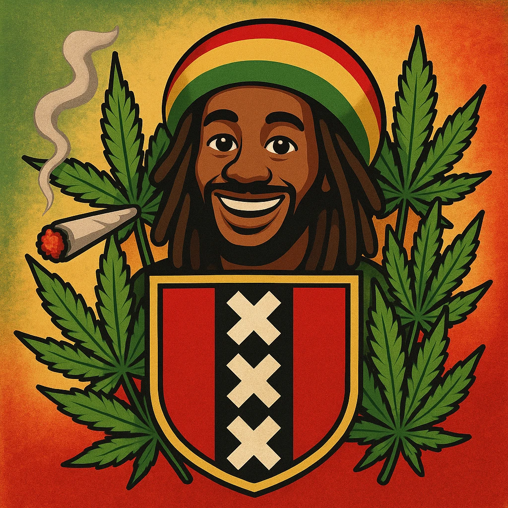 Create a digital illustration of a Rasta man with a friendly expression, wearing a red, gold, and green tam (Rastafarian hat), with dark brown skin and dreadlocks. Place him inside a bold, stylized Amsterdam coat of arms flag. The flag should have red, black, and gold tones with three white Xs in a vertical black stripe in the center. Surround the coat of arms with vibrant green cannabis leaves, a smoking spliff with rising smoke on the left side, and a textured reggae-colored background blending green, gold, and red. The style should be vintage, bold, and clean — like a high-quality reggae poster with modern emoji art flair. emoji