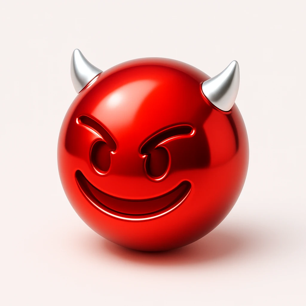devil emoji, metallic effect, shiny chrome red, small horns, mischievous grin, reflective highlights emoji