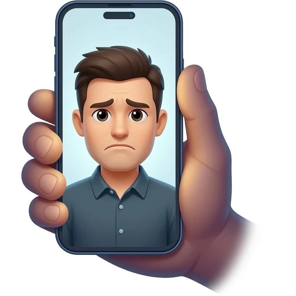 man unhappy reflection in phone screen in hand emoji