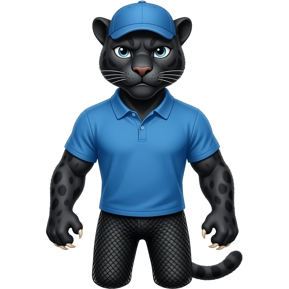 hazme una pantera imponente fuerte y poderosamostrando garras y comlillos con polo azul y gorra deportiva sin logos y pntalones de mesquilla sin tenis emoji
