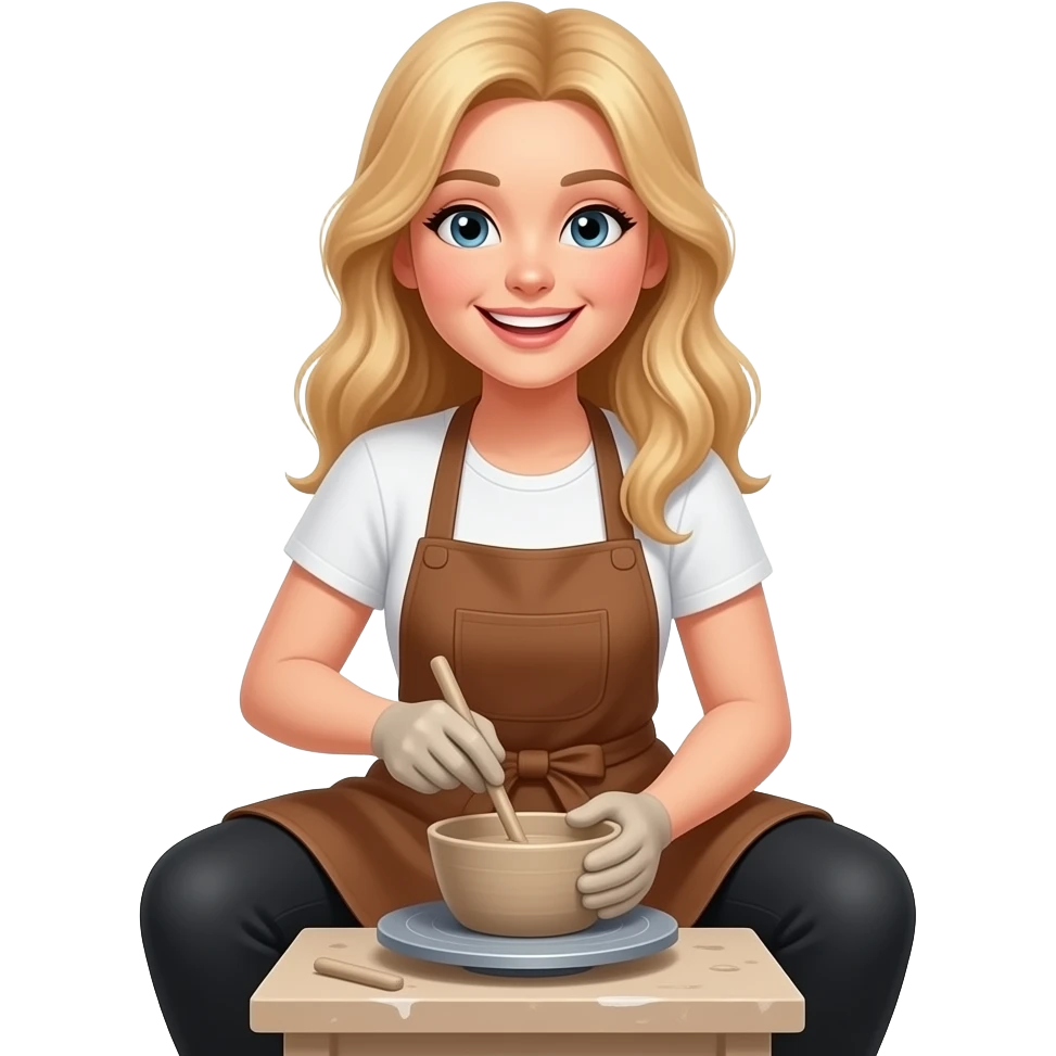 Blond long hair female, in white t-shirts, black thighs and brown apron doing pottery, happy emoji