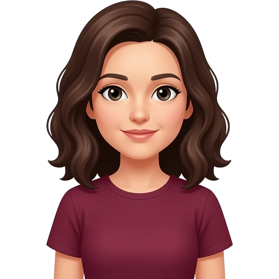 A woman in late 20s, dark brown wavy shoulder length hair, black eyes, wearing a burgundy t-shirt, image up to waist emoji