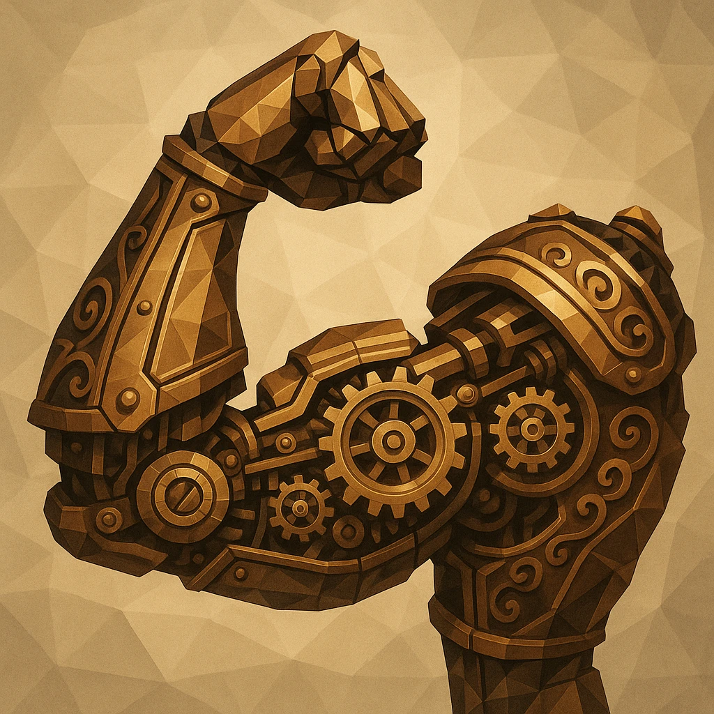 flexed robot arm in steampunk style, ornate brass plating, exposed gears, retro-futuristic look, mechanical complexity, Victorian era inspiration emoji