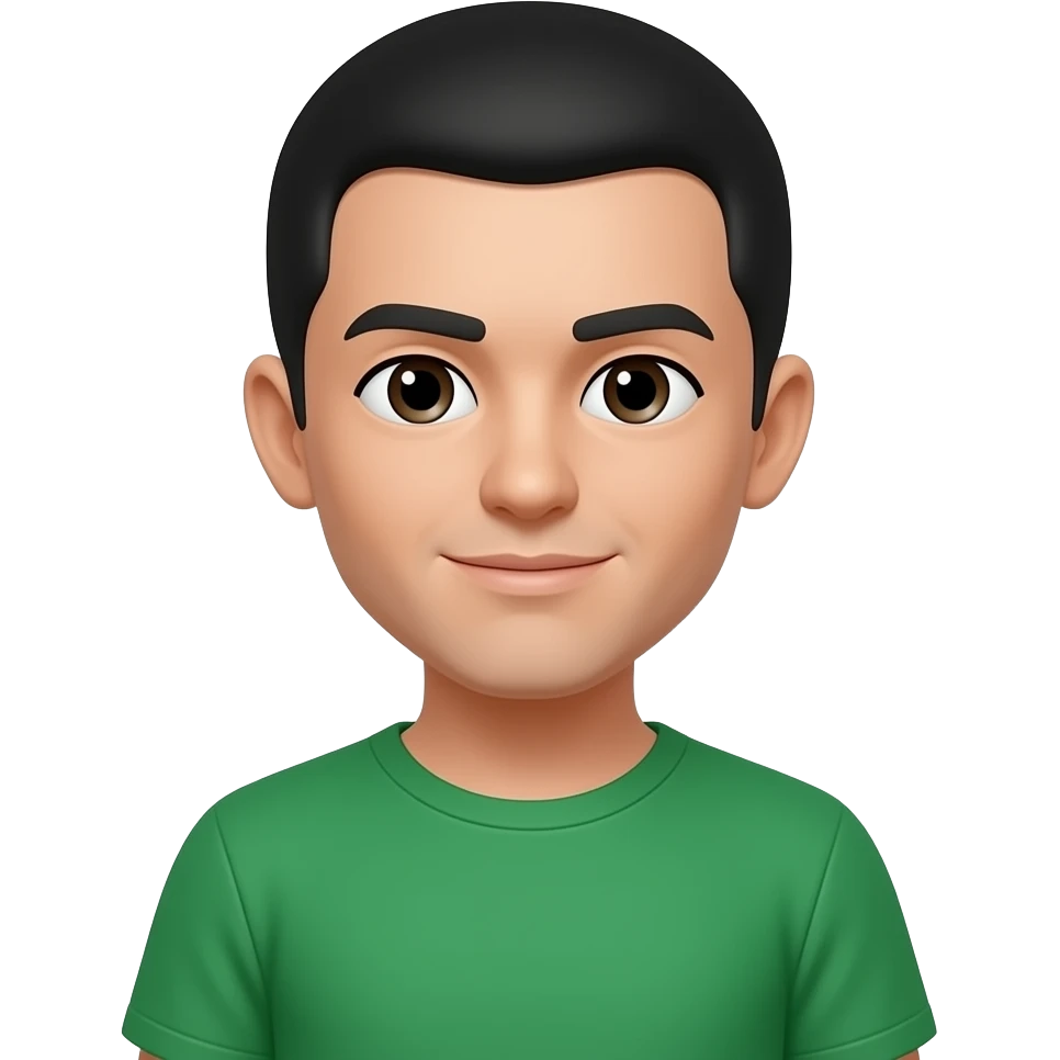 A character with short black hair, wearing a green t-shirt, bare ears, no jewelry, no earrings. emoji