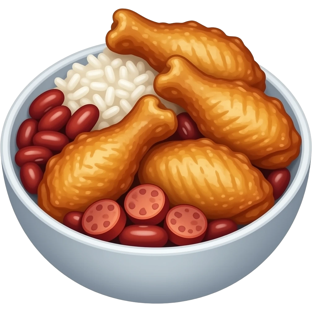 iOS style Bowl of Fried chicken wings, a scoop of white rice, and red beans with sliced sausages emoji
