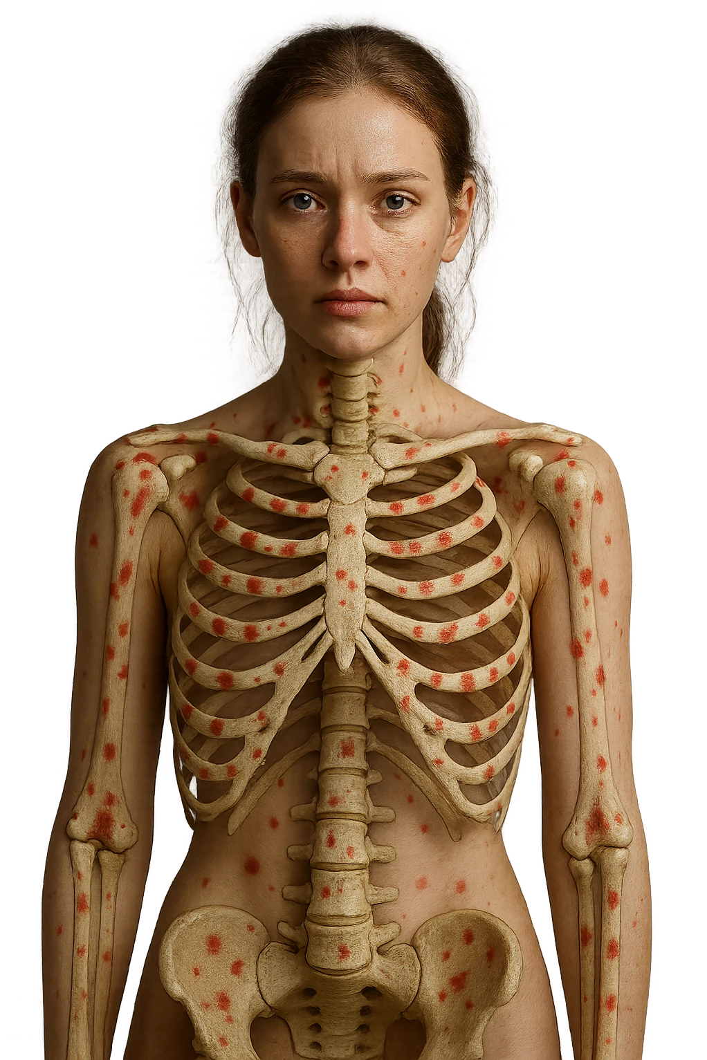 donna realistica con red spot sparsi alle ossa, ossa visibili sul corpo, iperrealistico 4k emoji