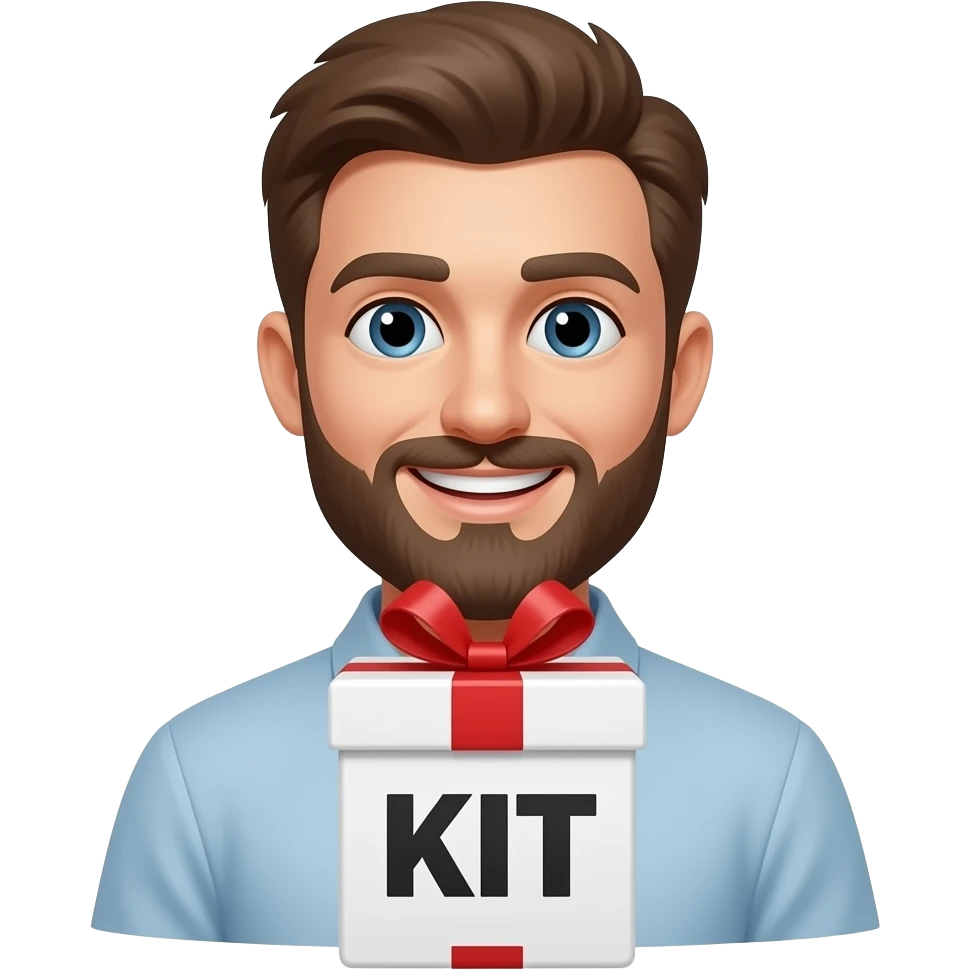 white gift box with word "KIT"with happy man with beard emoji