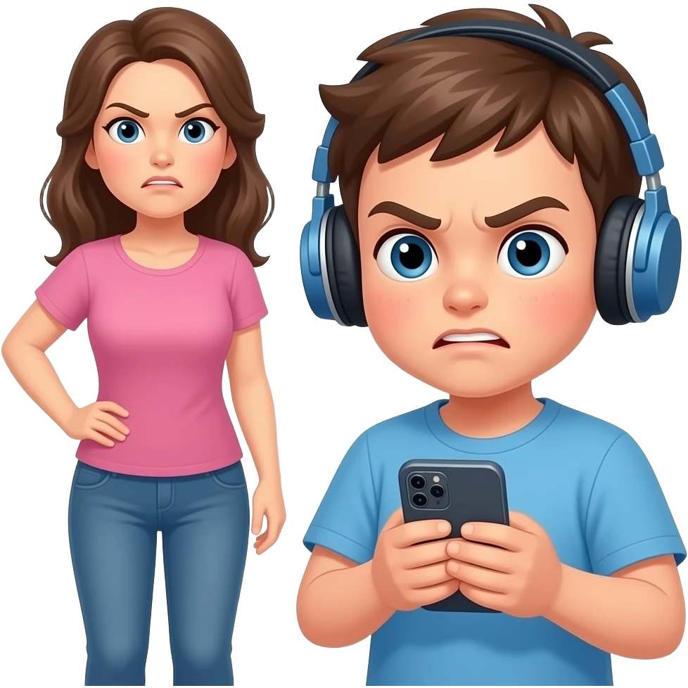 and then add a mom in the background and then make the bod add head phones and also make the mom look like she is getting mad at him for not doing chores emoji
