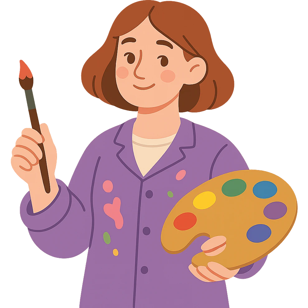 Serene female oil painter, Caucasian features, shoulder-length auburn hair, soft brown eyes, gentle smile, wearing a violet painter’s smock lightly stained with paint over a beige blouse, holding a wooden palette with vibrant colors in one hand and a brush in the other, waist-up, front-facing emoji
