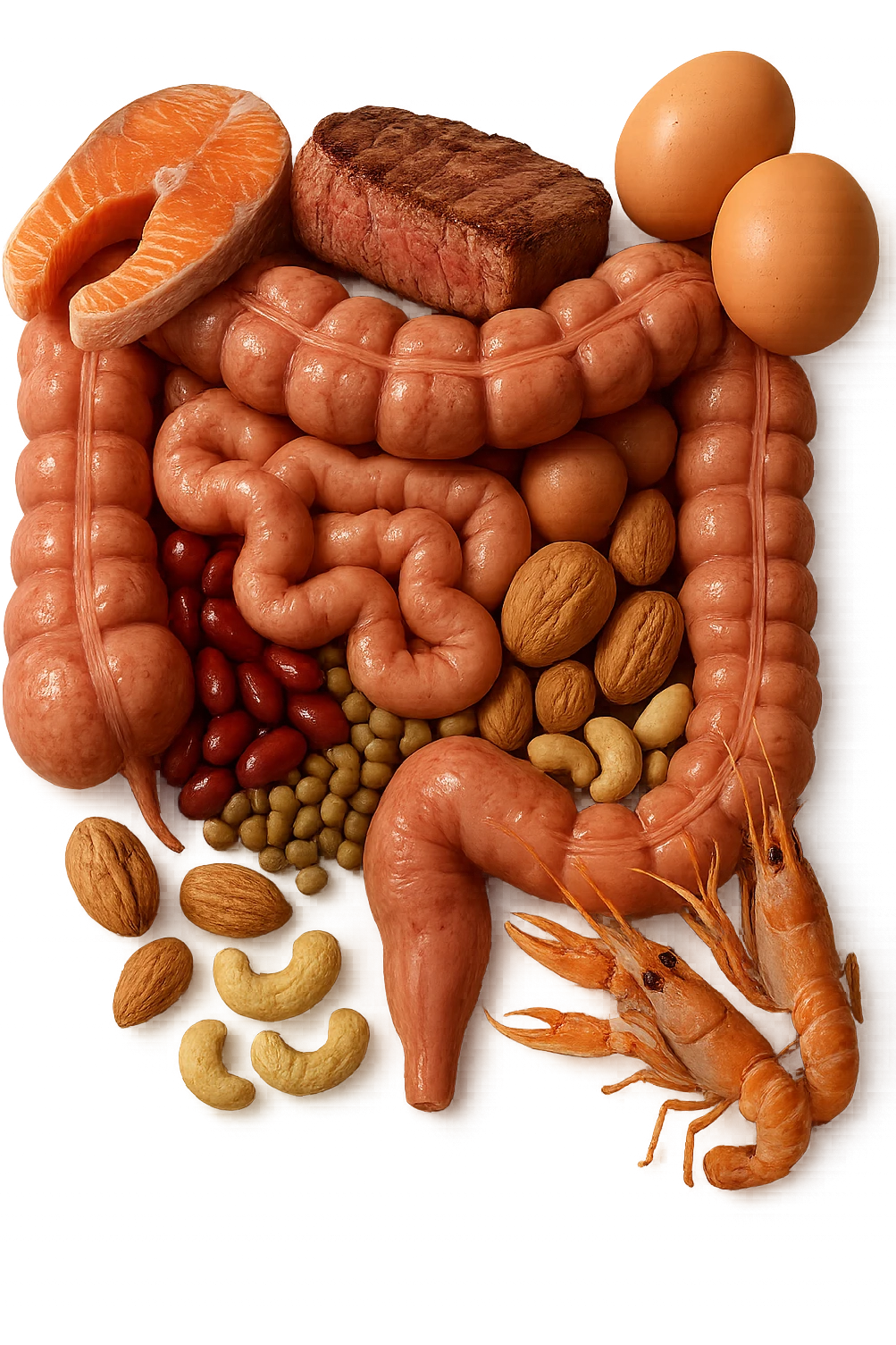 carne, uova, semi oleosi, legumi, crostacei insieme ad INTESTINO umanO realisticO, iperrealistici 4k emoji