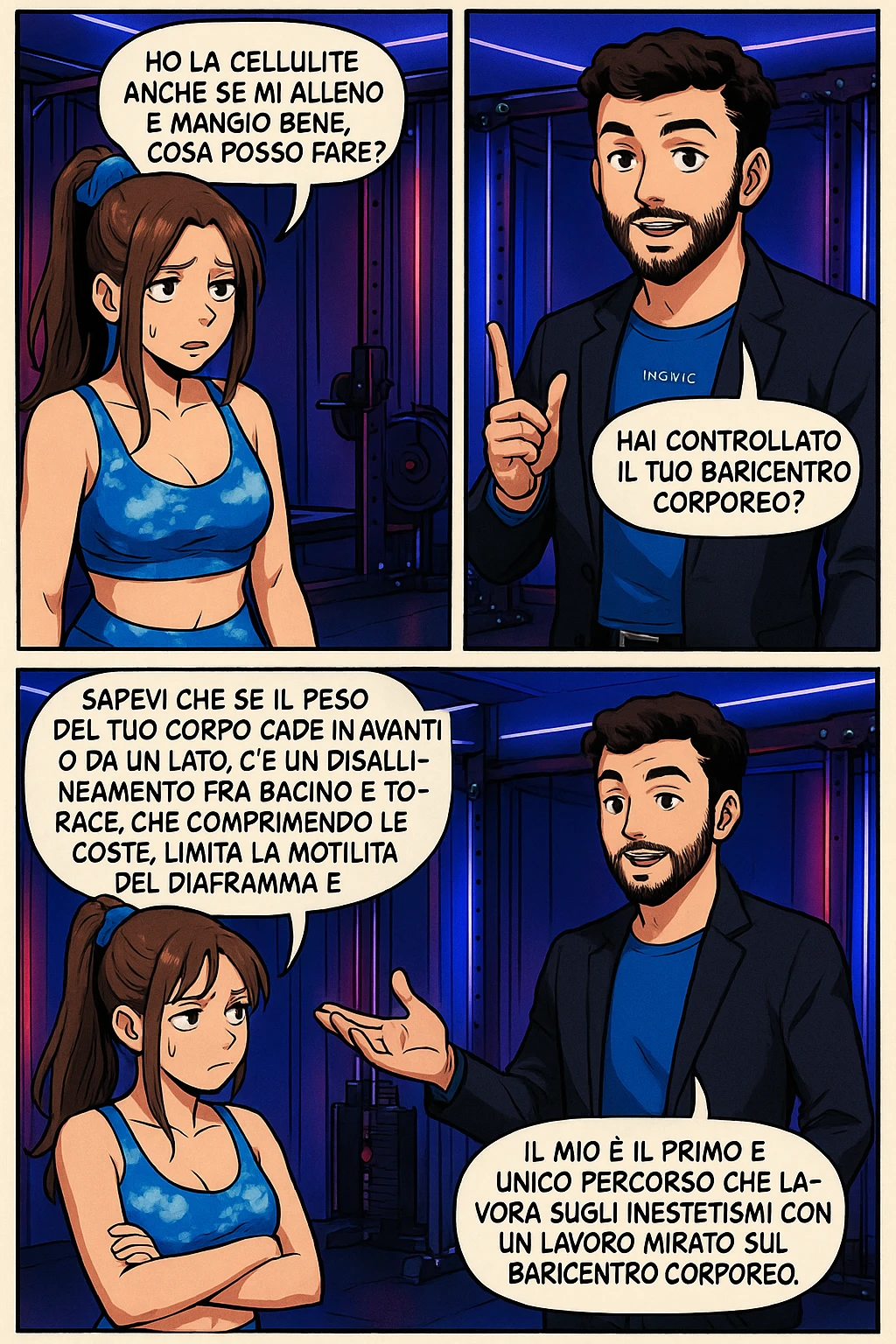 TRASFORMA QUESTO CAROSELLO IN UN FUMETTO STILE MANGA A COLORI CON QUESTE DUE PERSONE IDENTICHE CHE INTERLOQUISCONO TRA LORO:

LEI: Ho la cellulite anche se mi alleno e mangio bene, cosa posso fare?

LUI: Hai controllato il tuo baricentro corporeo?
LUI: Sapevi che se il peso del tuo corpo cade in avanti o da un lato, c’è un disallineamento fra bacino e torace, che comprimendo le coste, limita la motilità del diaframma e l’ossigenazione dei tessuti?
LUI: Il mio è il primo e unico percorso che lavora sugli inestetismi con un lavoro mirato sul baricentro corporeo. emoji