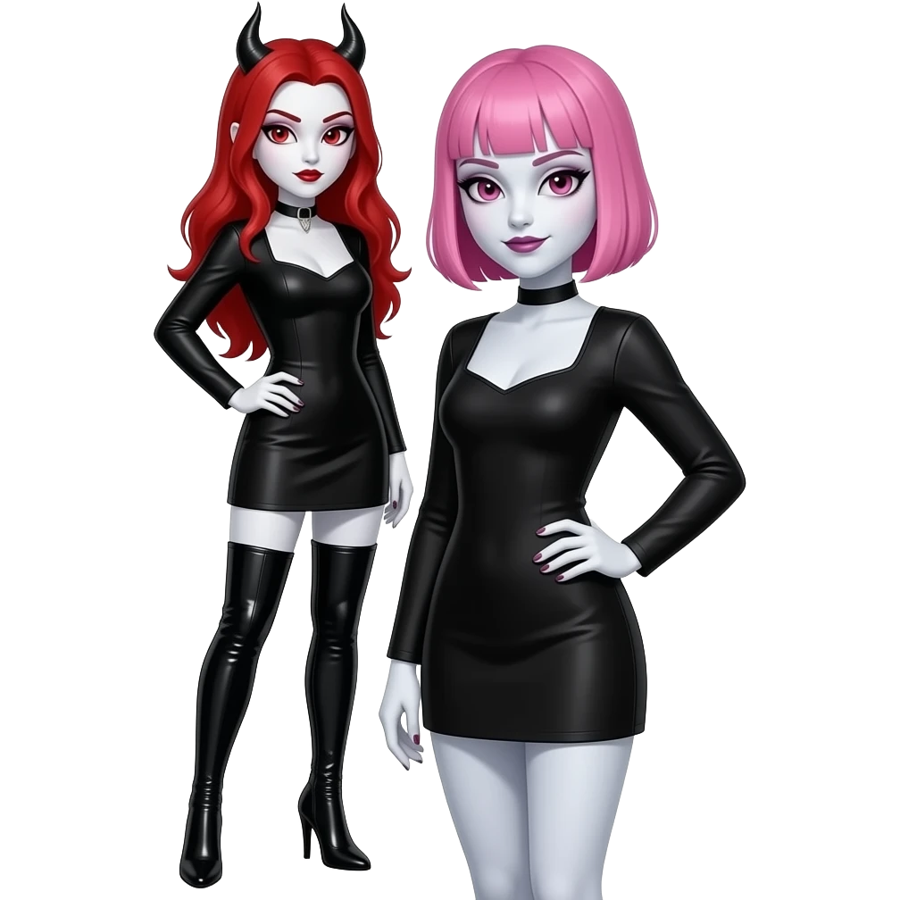 Vampiro femmina con pelle bianca e capelli rossi indossa un vestito corto nero con le maniche lunghe e degli stivali lunghi con tacco neri è in discoteca insieme alla sua amica VAMPIRO con i capelli corti rosa e la frangia che indossa un vestito corto nero con le maniche lunghe e la pelle bianca emoji