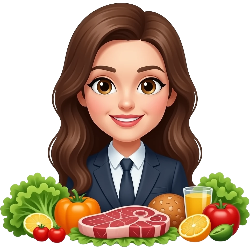 Food, sillys og financewoman, long brown hair, healty food and meat emoji