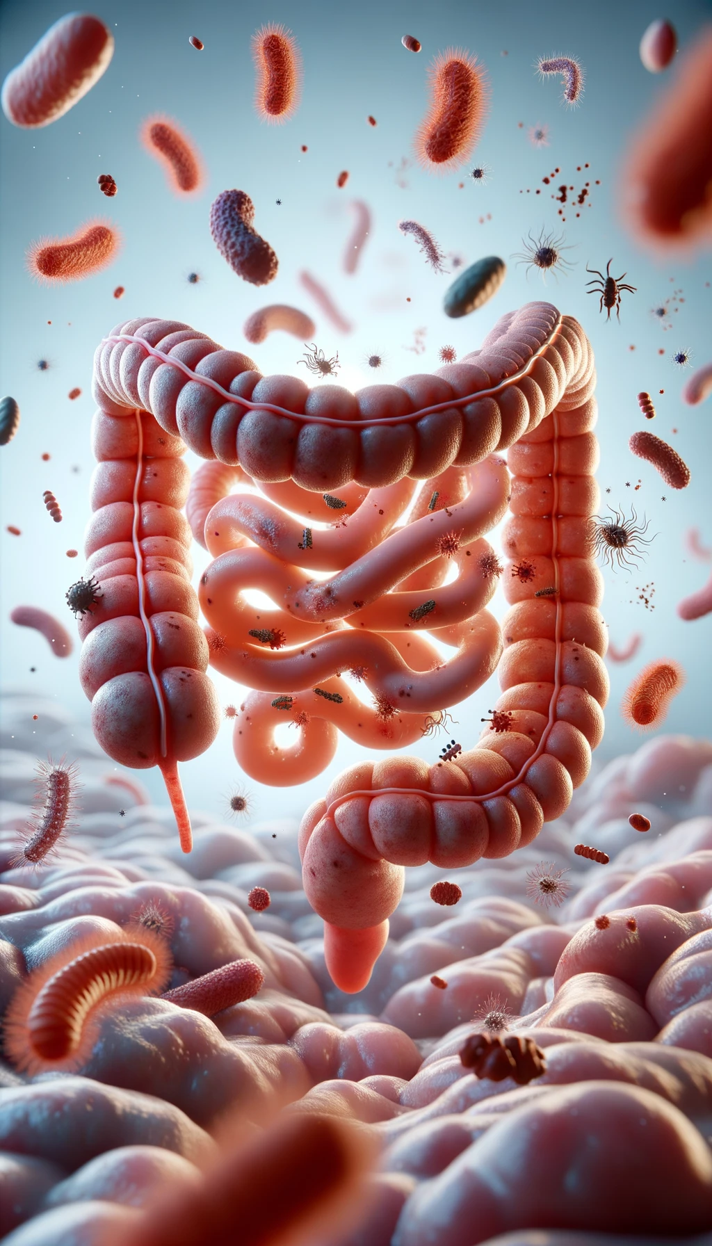 intestino umano realistico con batteri e parassiti che gli fluttuano intorno, sfondo chiaro, iperrealistico 4k emoji