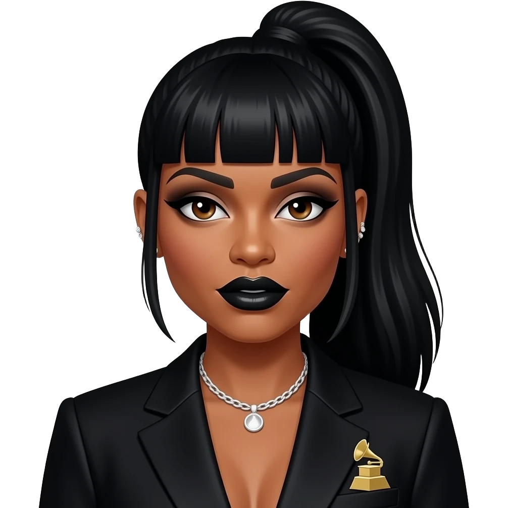 Missy Elliott with brown eyes, long black high ponytail bang hair, black eyeshadow, black lipstick, black grammy suit jacket, necklace and earrings emoji