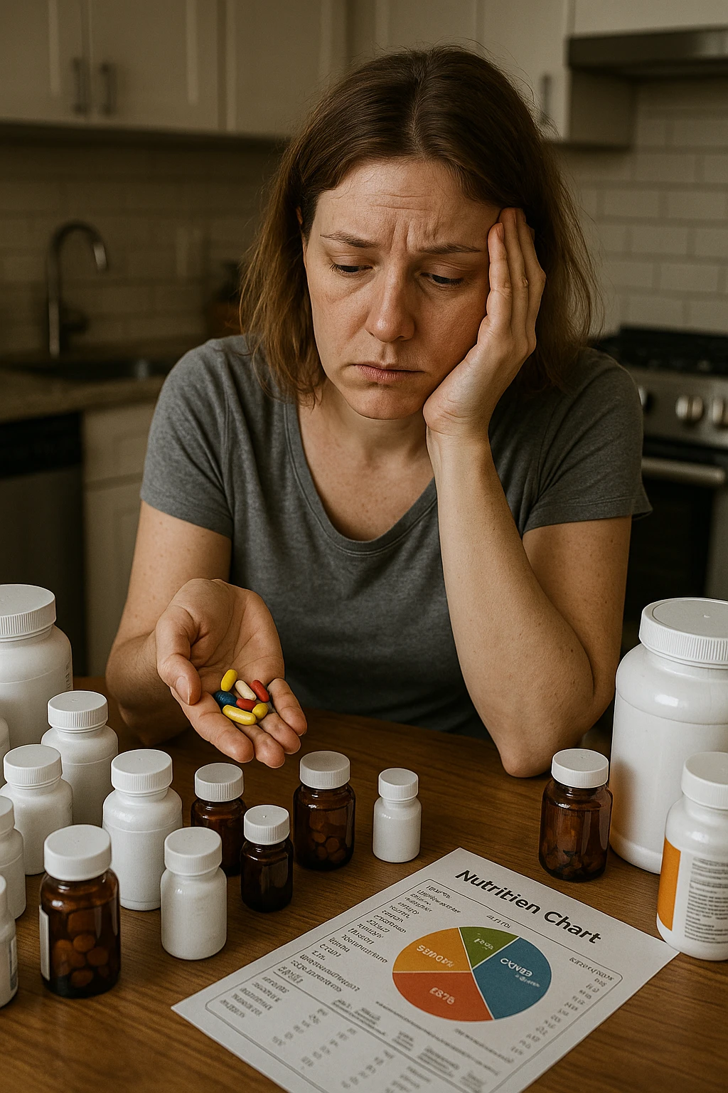 a woman in her 30s sits at her kitchen table, surrounded by dozens of supplement bottles, powders, and pills. She looks anxious and fatigued, with her head resting in one hand while the other holds a handful of colorful capsules. On the table, a nutrition chart is ignored, and her skin appears slightly dull or stressed. The mood is cautionary and educational. emoji