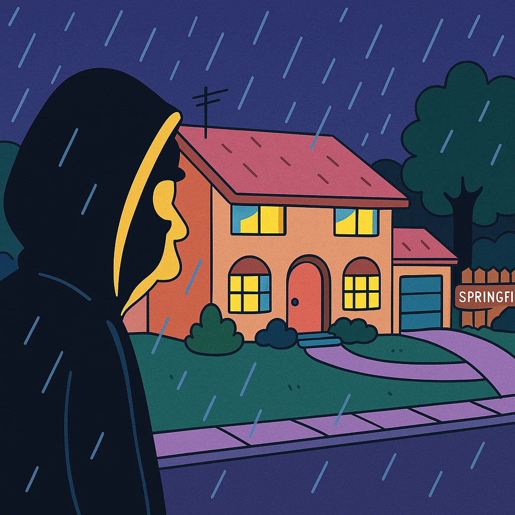 Springfield sous la pluie, la nuit. Une silhouette encapuchonnée observe la maison des Simpson. emoji