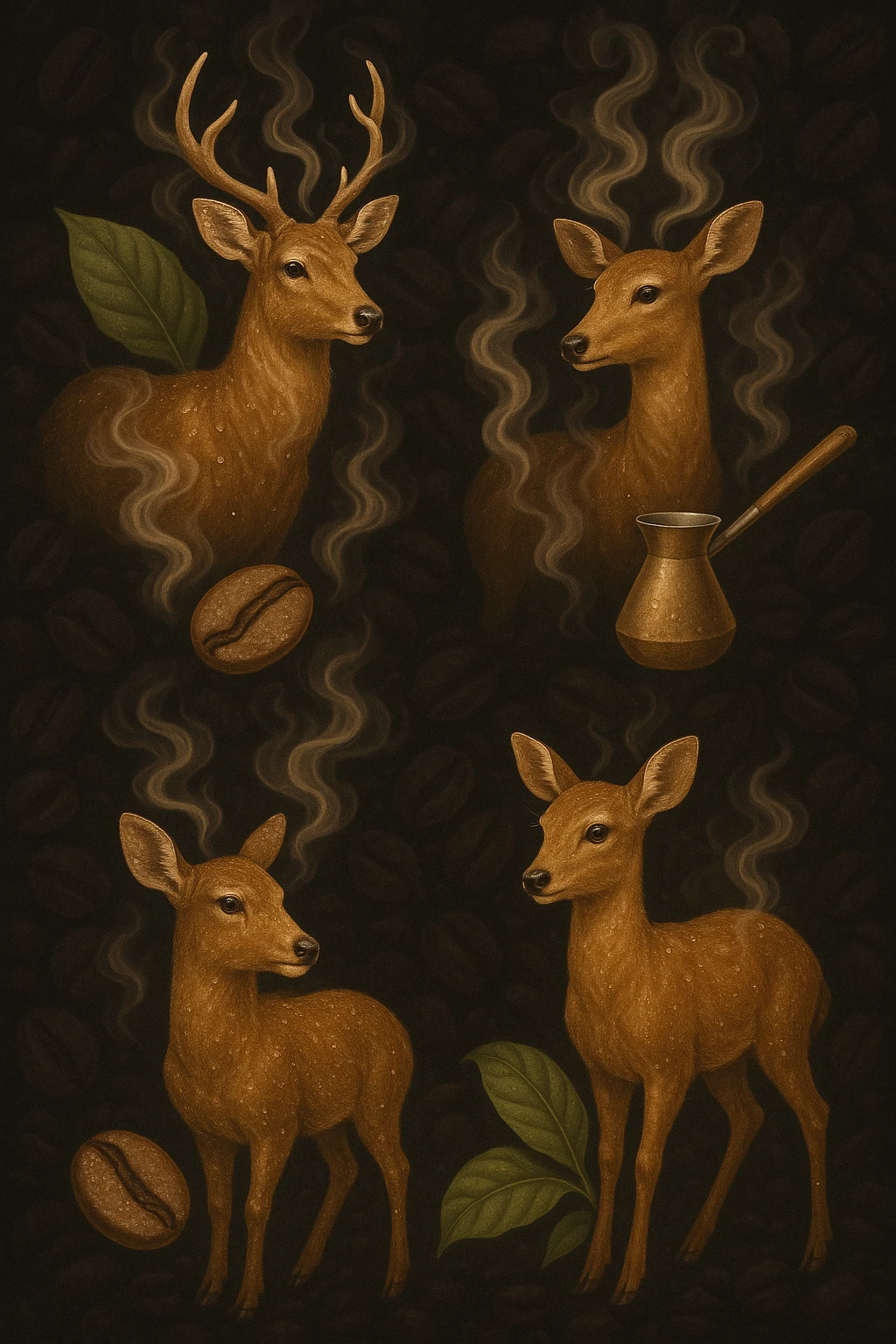 Four golden-brown deer, highly realistic, with fine water droplets on their fur. Each deer emits a light coffee aroma, visually represented by soft, swirling steam like freshly brewed coffee. Subtle coffee heritage elements such as Ethiopian coffee bean, Turkish cezve, and coffee tree leaf are tastefully integrated. Fine, out-of-focus dark coffee bean texture background with transparent edges, logo-level resolution. emoji