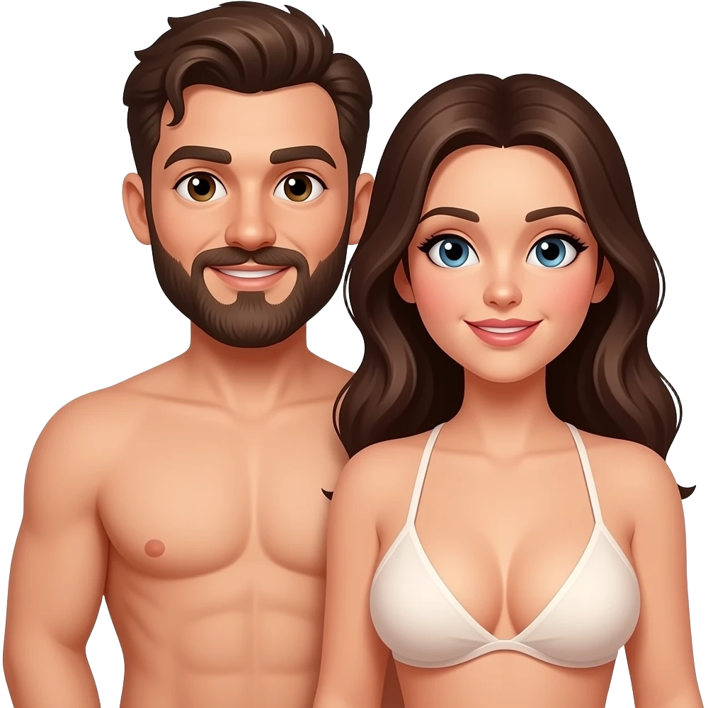 Naked couple man with beard and woman showing tits emoji