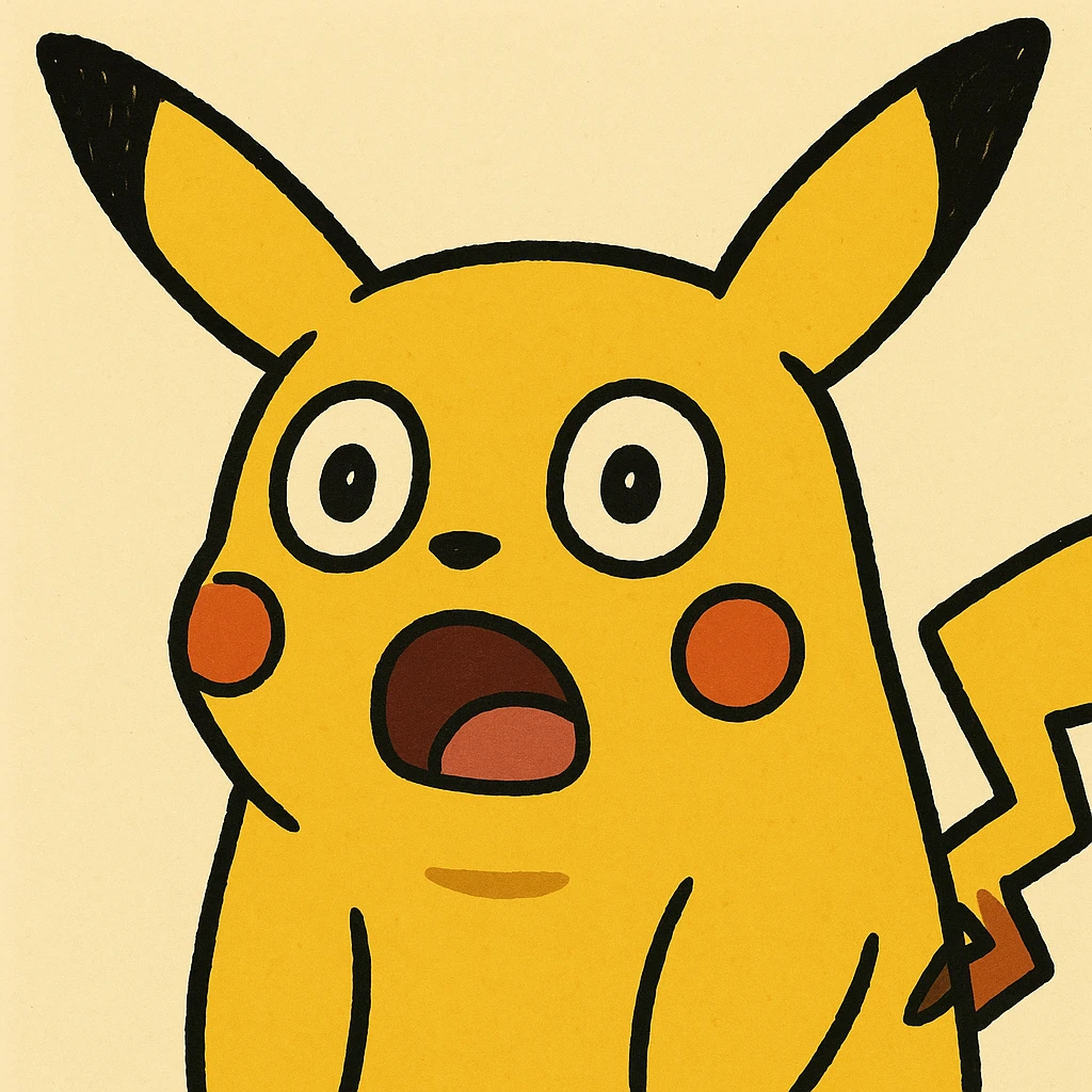 shocked Pikachu, classic meme, yellow mouse, wide eyes, open mouth, simple background emoji