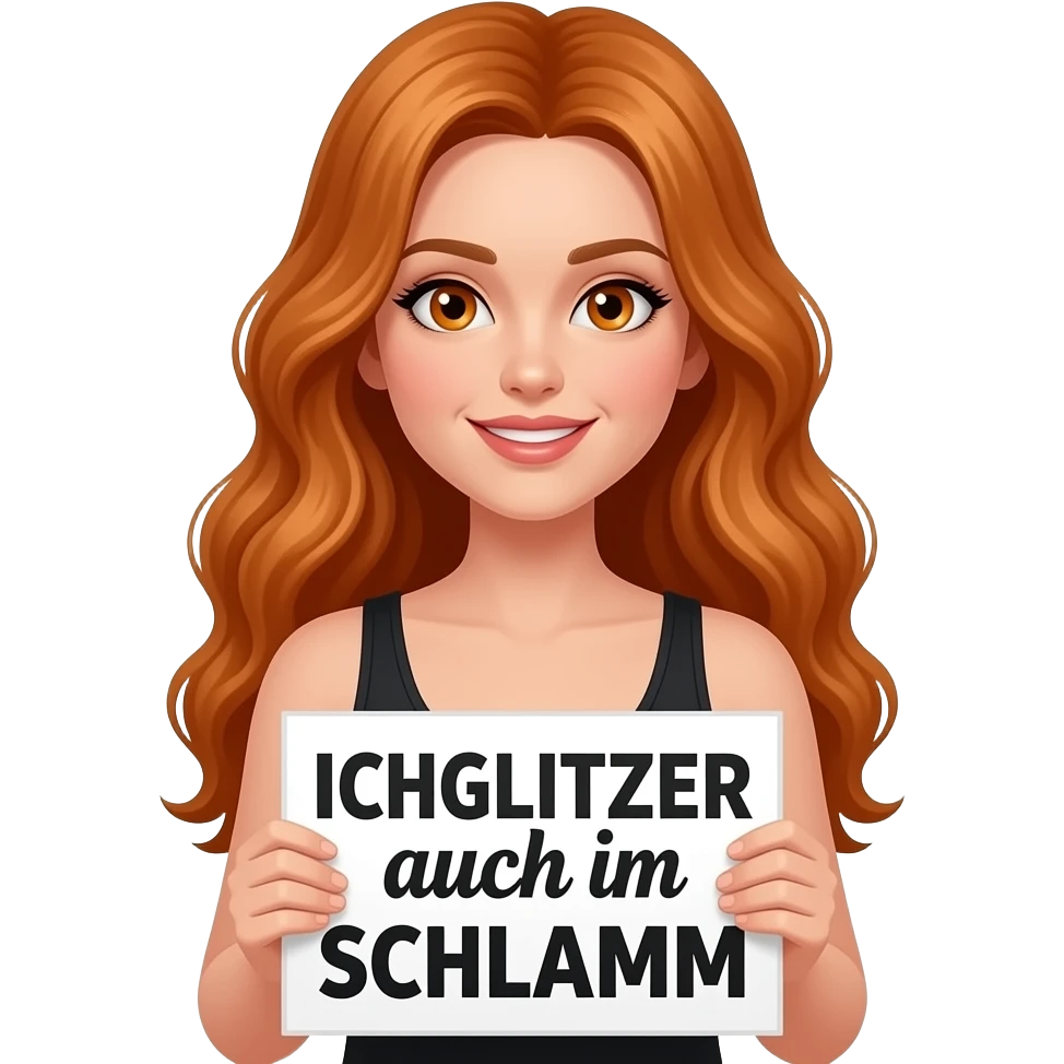 sexy girl with long wavy ginger hair and ginger eyes wearing a black tanktop is holding a white colored sign with ICH GLITZER auch im SCHLAMM written on it emoji