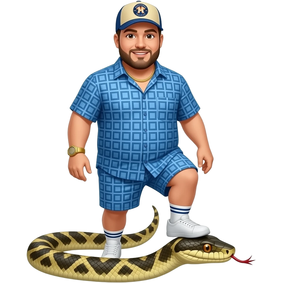 Chubby man with light honey skin tone with lightly shaved black beard and brown eyeswearing a blue button up short sleeve shirt with matching shorts with square pattern design wearing a beige Huston Astros logo baseball cap wearing a gold watch wearing a gold tennis necklace stepping on a snake head emoji