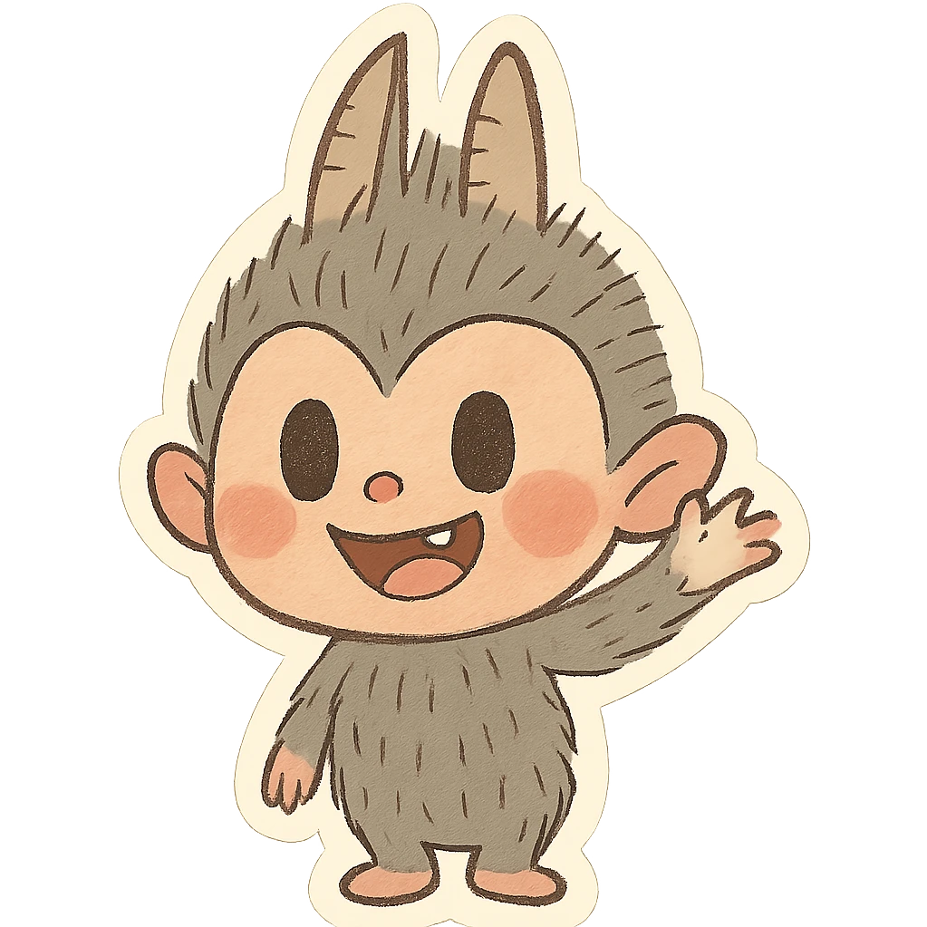 Labubu character, waving, cheerful, simple background emoji