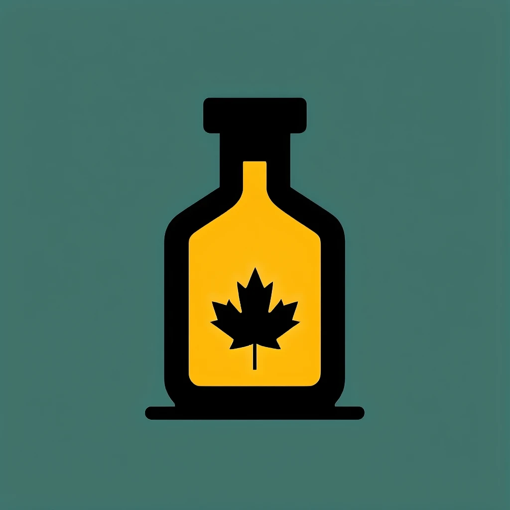 Minimalist 2D icon of a maple syrup bottle with a maple leaf, bold black outline, flat colors emoji