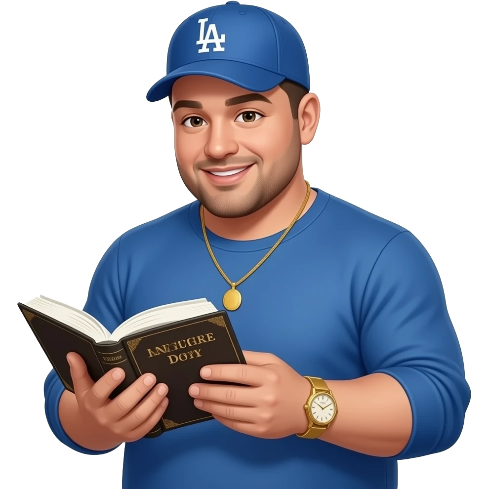 Chubby man with light sand skin tone and lightly shaved black beard wearing a blue Los Angeles Dodgers logo baseball cap wearing a long sleeve blue shirt wearing a gold tennis necklace and a gold wrist watch reading the Bible emoji