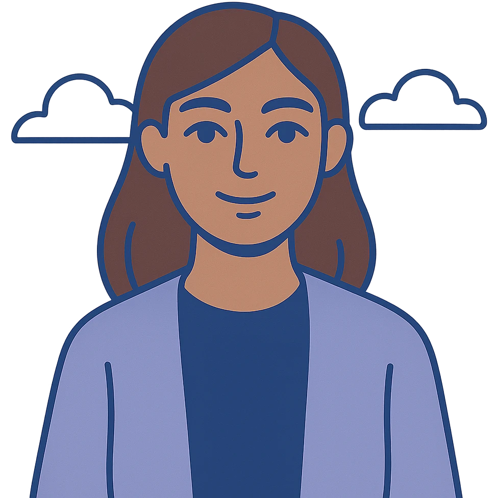 woman with blue-grey eyes, brown hair, brown skin, flat color icon style, clean lines, geometric shapes, minimal details emoji