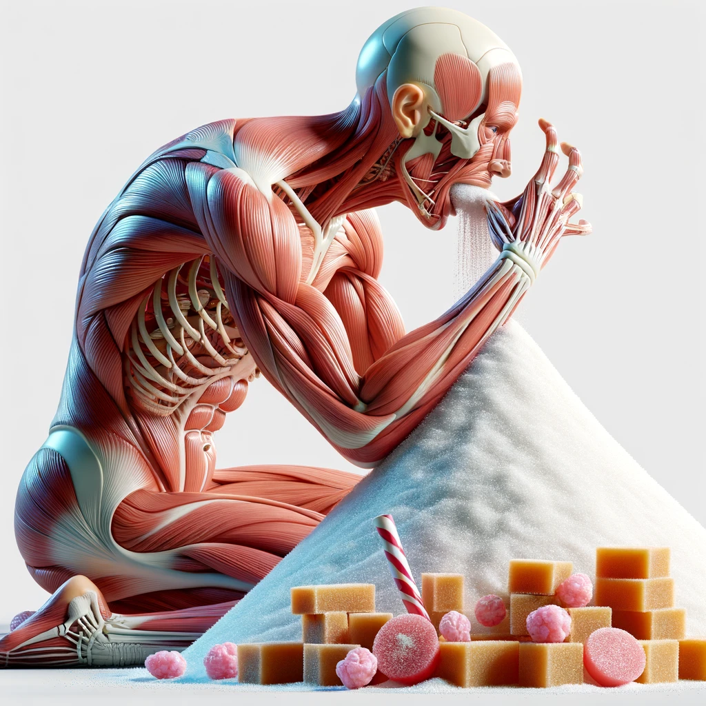 corpo umano anatomico che si abbuffa di dolci e zuccheri, montagna di zuccheri davanti a lui, iperrealistico 4k, isolato su sfondo bianco emoji