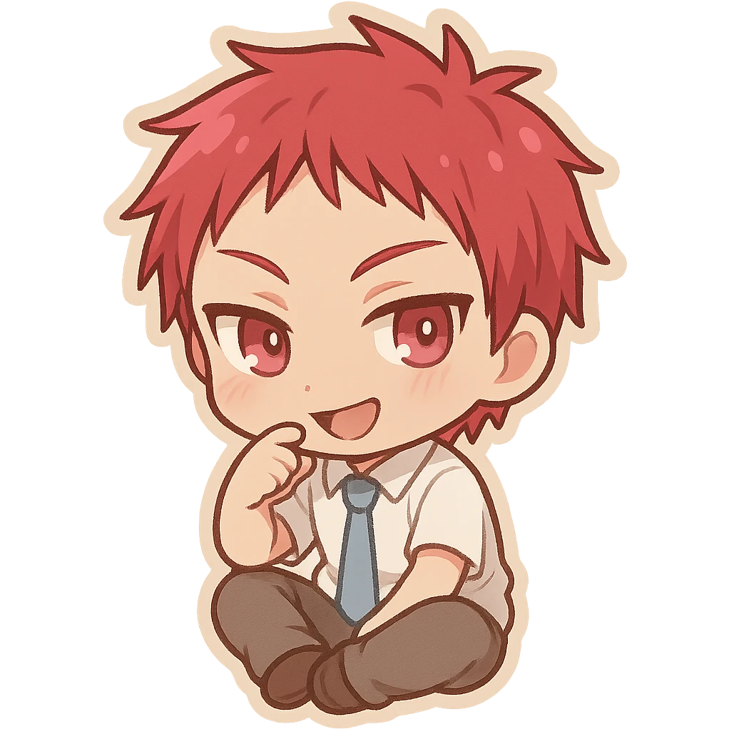 Akashi Seijuurou as a chibi icon, sitting pose, playful expression, red hair emoji