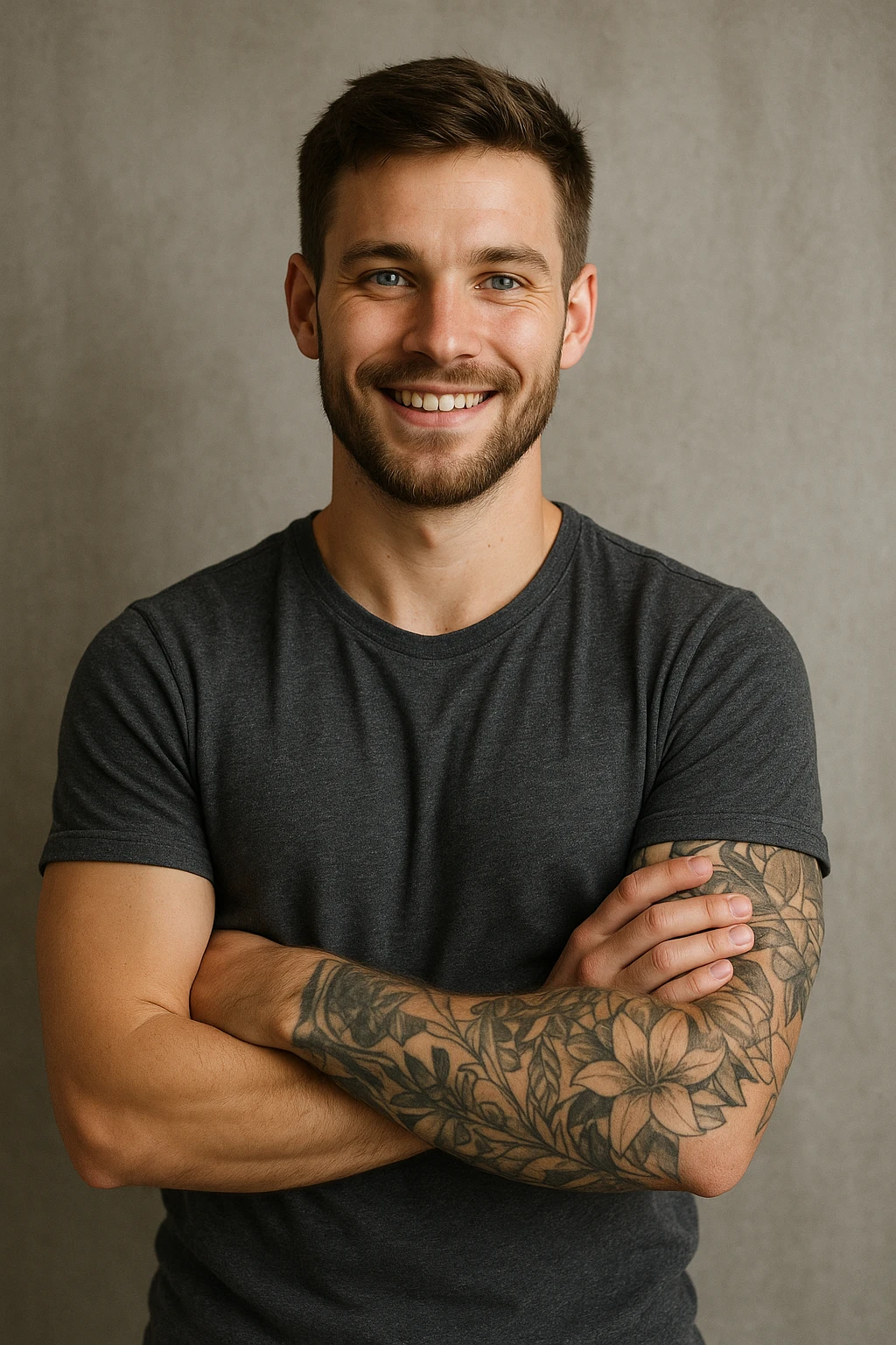 A 25-year-old man with blue eyes, brown hair, a short beard, tattoos on his left arm, smiling proudly with arms crossed. emoji