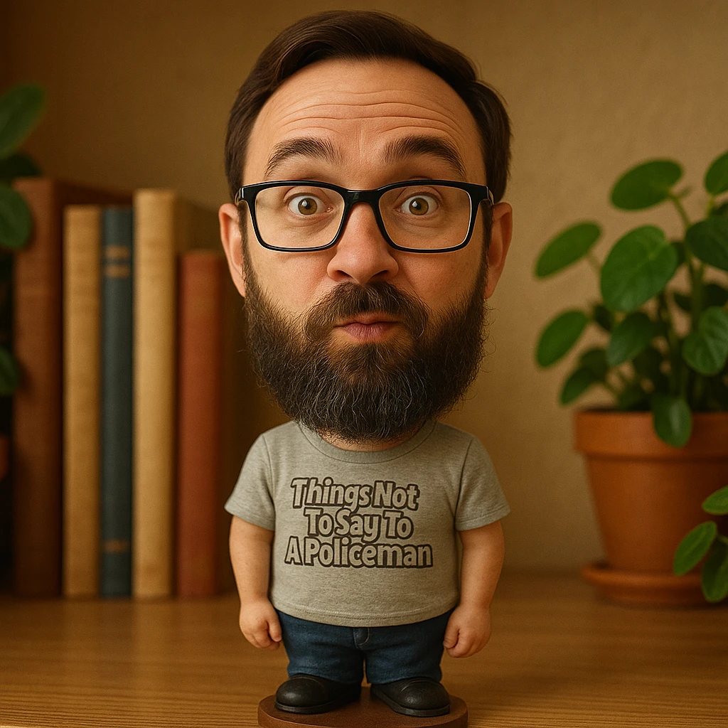 Transform the person in the photo into a bobblehead with a large head, small body, and a playful expression, rendered in the bobblehead style. emoji