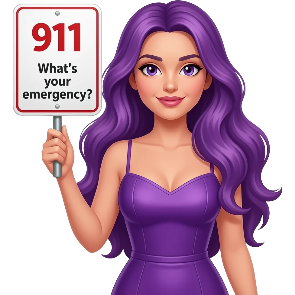 sexy girl with long purple hair and purple eyes wearing a sexy dress holding a 911 What's your emergency? sign emoji